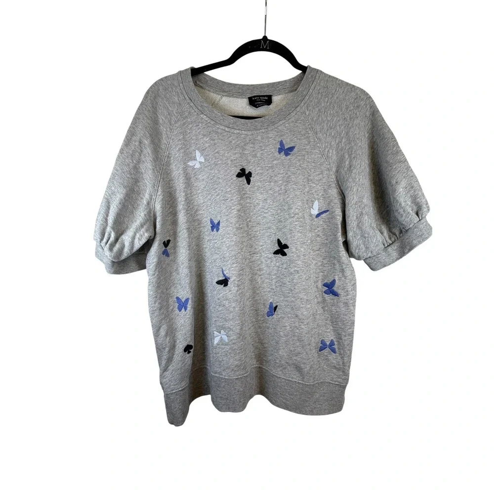 Kate Spade New York Grey Butterfly Embroidered Puff Sleeve Sweatshirt XL